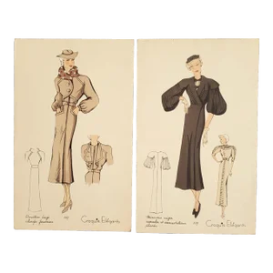 1937 Set of 2-French Art Deco Fashion Croquis