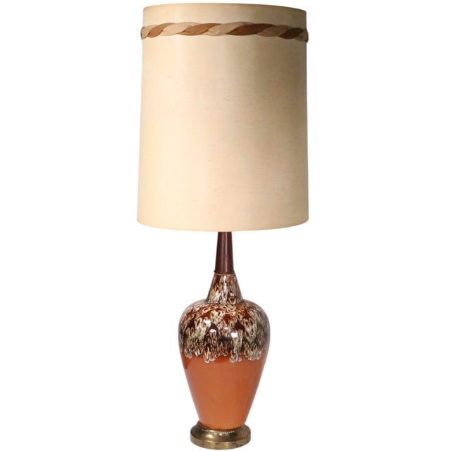 Mid 20th Century Mid 20th Century Mid Century Ceramic Drip Glaze Table Lamp With Original Shade For Sale - Image 5 of 13