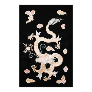 Luxurious Dark Blue Almost Black Field & Light Warm Tan Cream Colored Majestic Floating 5 Clawed Dragon and Cloud Band Design Vintage Chinese Deco Rug