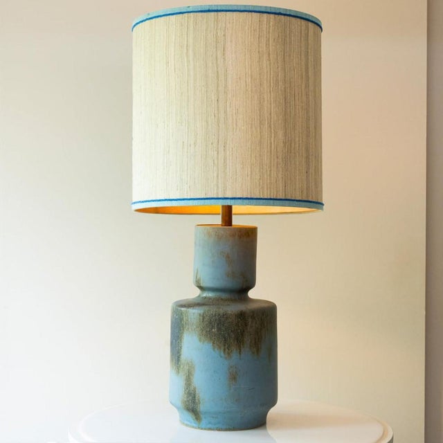 Ceramic Sea Blue Floor Lamp with Silk Lampshade attributed to R. Houben, 1970s For Sale - Image 7 of 10