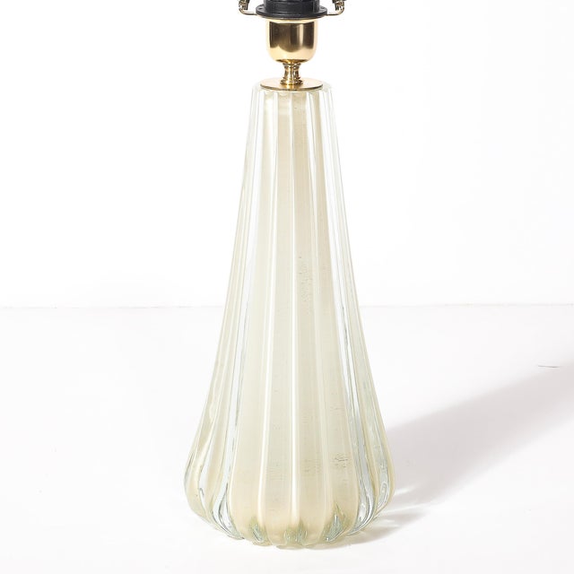 Modernist Hand-Blown Fluted Oyster Murano Glass & Brass Table Lamps For Sale In New York - Image 6 of 16