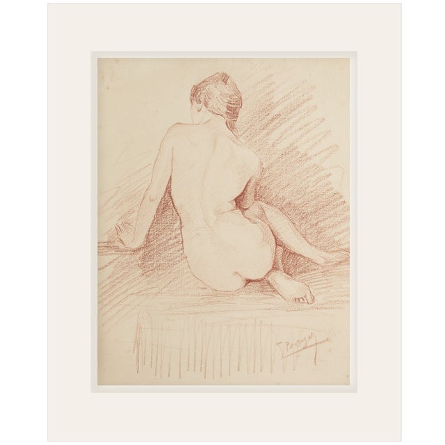 Early 1900's Antique French Academic Drawing of Woman Seated in Sepia Charcoal on Paper With Mat, Signed by Artist For Sale