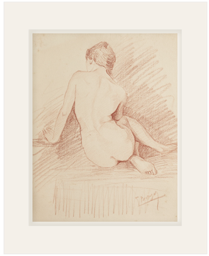 Early 1900's Antique French Academic Drawing of Woman Seated in Sepia Charcoal on Paper With Mat, Signed by Artist