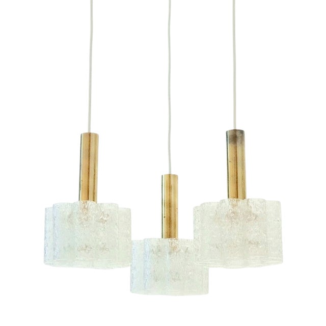 Mid-Century Modern Murano Ice Glass Triple Pendant Light from Doria Leuchten, Germany, 1960s For Sale