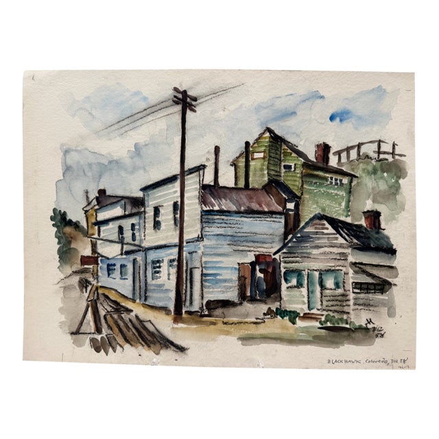Henry Emil Salloch Original Watercolor on Paper Industrial Townscape. Black Hawk, Co. 1958. For Sale