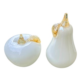 Murano White Italian Art Glass Pear and Apple Fruit Sculptures For Sale