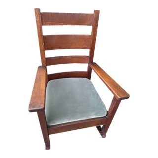 Antique Stickley Grand Rapids Quaint Furniture Mission Oak Rocking Chair With New Mohair Seat Upholstery For Sale
