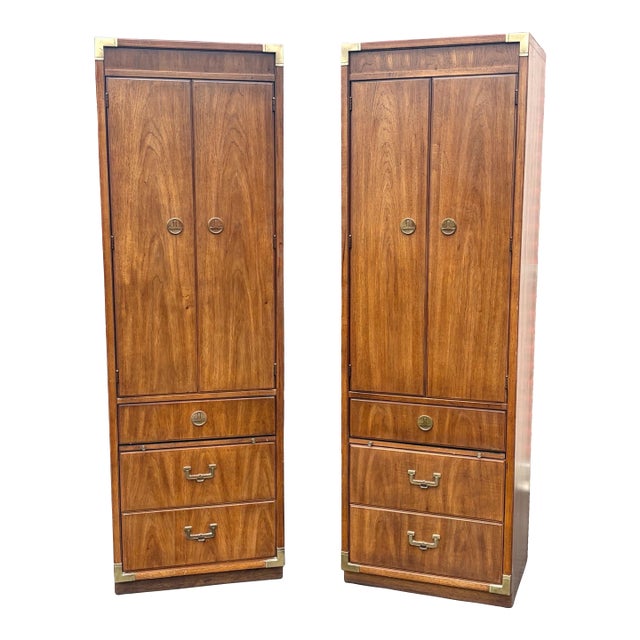 Pair Vintage Thomasville Campaign Style Tall Cabinets For Sale