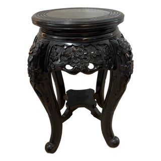 Vintage Mid 20th Century Asian Hand-Carved Ebonized Wood Plant Stand / Accent Stool / Side Table For Sale