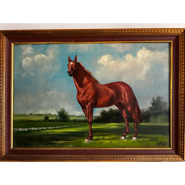 Realism Antique Large Classic Oil Painting of a Thoroughbred Horse in Wood Frame For Sale - Image 3 of 9