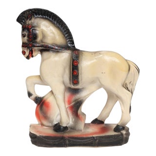 Vintage Painted Red, White, and Black Chalkware Trojan Horse Sculpture / Figurine For Sale
