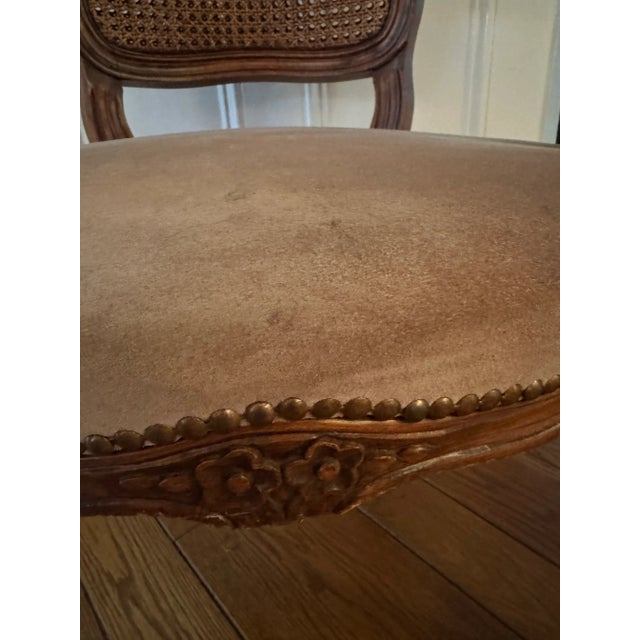 Vintage Petite Carved Wood Arm Chair With Cane Back and Suede Seat For Sale - Image 9 of 12