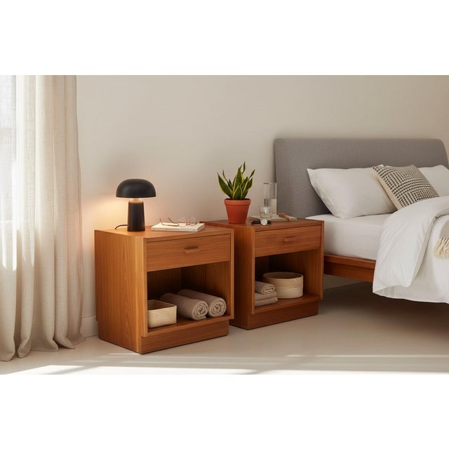 This exceptional pair of 1960s Danish Modern teak nightstands beautifully showcases the clean lines and timeless...