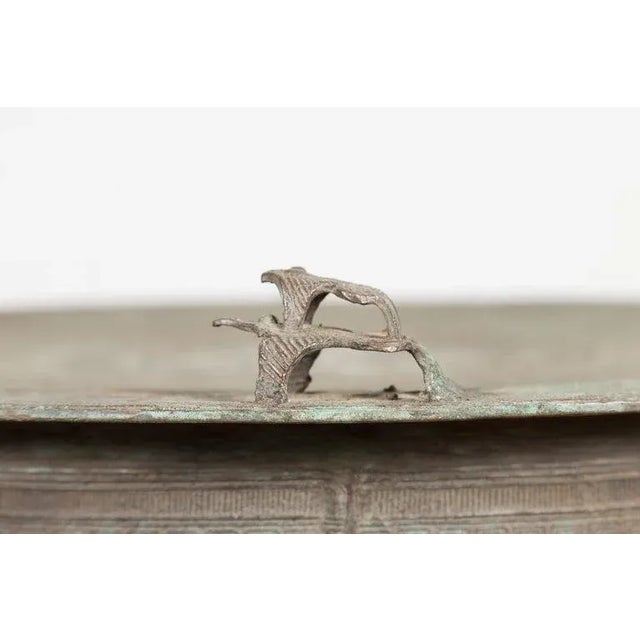 Vintage Laotian Style Bronze Rain Drum with Geometric Motifs & Frog Finials For Sale - Image 11 of 12