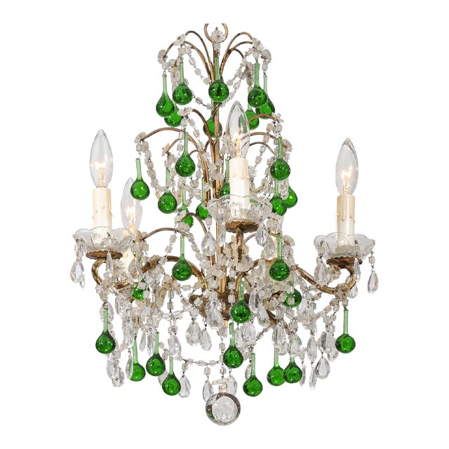 Petite 1930s Italian Emerald Green & Beaded Crystal For Sale