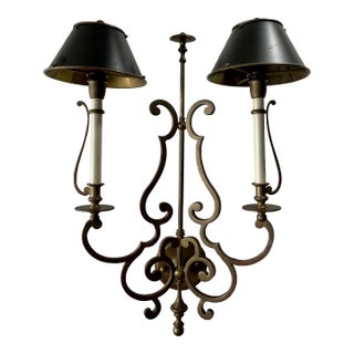 Mid 20th Century Spanish Revival Iron Wall Sconces With Tole Shades, Hollywood Regency Lighting For Sale