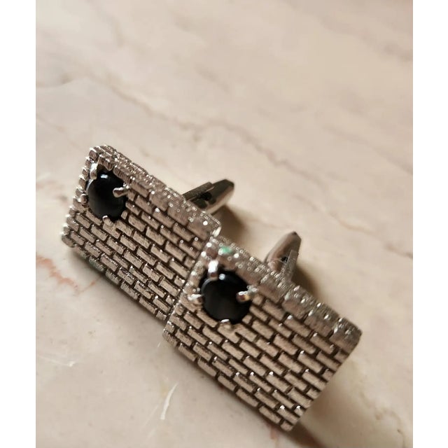 Silver 1960s Sterling Onyx Cufflinks Modernist Estate For Sale - Image 8 of 9