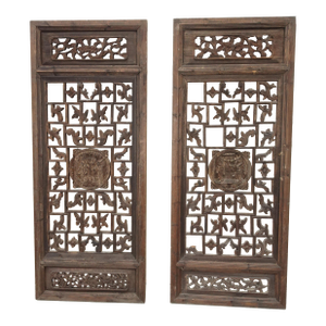 53" Tall Pair Vintage Oriental Asian Fretwork Floral Panel Screens ~Room Divider