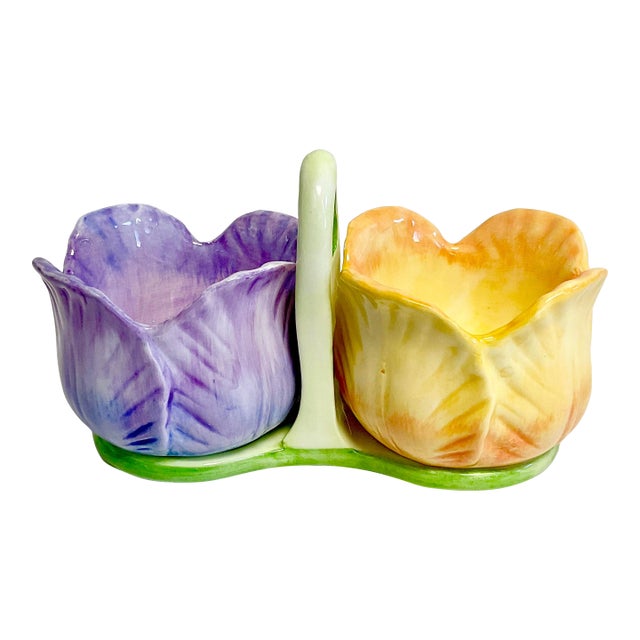 1980s Vintage Hollywood Regency Coastal Trompe L’Oeil Tulip Condiment Serving Dish For Sale