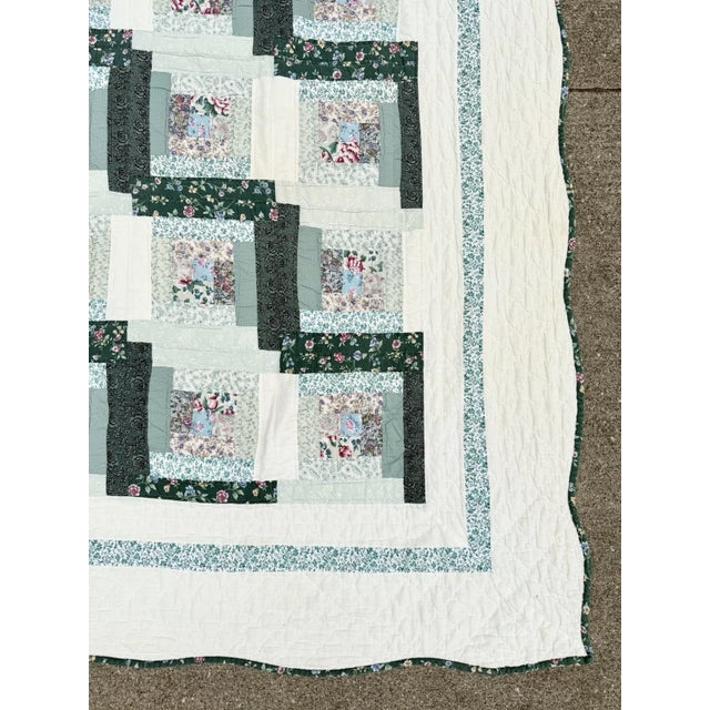 Cabin Vintage Hand Stitched Log Cabin Quilt Green And White, Square 77x79” For Sale - Image 3 of 18