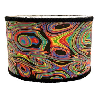 Retro Psychadelic Style Drum Lamp Shade With Navy Trim For Sale