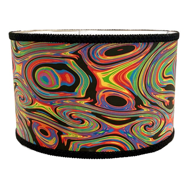 Retro Psychadelic Style Drum Lamp Shade With Navy Trim For Sale