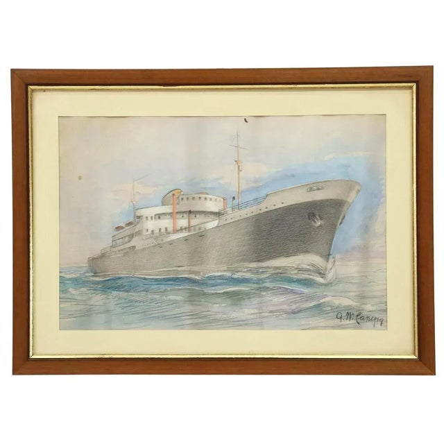 1950s Vintage Original G W Canepa Charcoal & Watercolor Ocean Liner Painting, Framed For Sale In Denver - Image 6 of 6