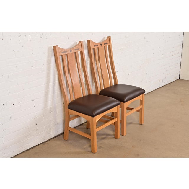 Charles Rennie Mackintosh Charles Rennie Mackintosh Style Arts & Crafts Inlaid Oak High Back Side Chairs or Dining Chairs, Pair For Sale - Image 4 of 12