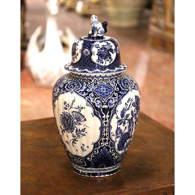 This striking vintage covered ginger jar was crafted in Holland circa 1960. Made of glazed ceramic in the traditional...