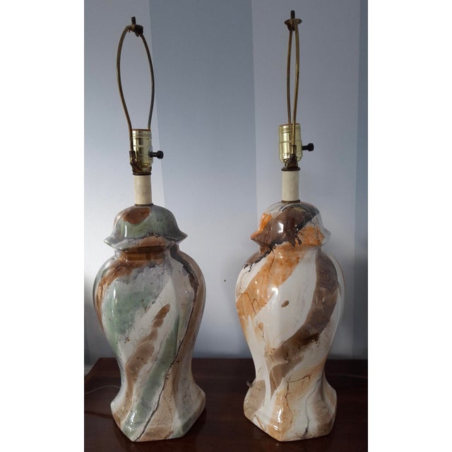 Ceramic Mid 20th Century Pair Mid-Century Modern Marble-Glazed Ceramic Ginger Jar Style Table Lamps For Sale - Image 7 of 13