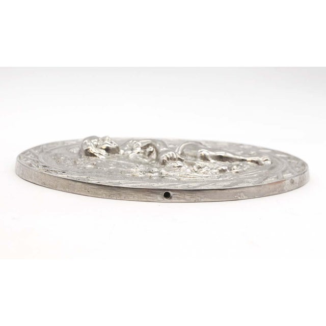 Late 20th Century Vintage Cast Aluminum Figural Horseback Oval Silver Wall Relief For Sale - Image 5 of 8