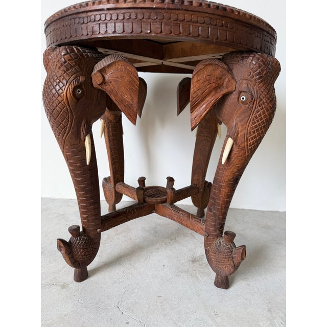 Vintage Anglo Indian Hand-Carved Elephant Side Table With Bone Inlay Animal Motif For Sale - Image 4 of 15