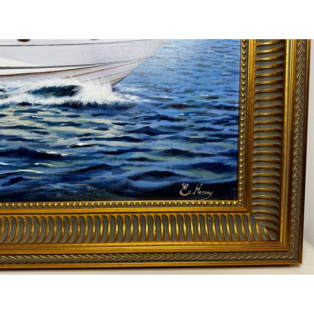 British Nautical Oil Painting Windermere Lake District Ascendancy — Fairline Squadron 50 Yacht Under Cumbrian Skies Signed Edward Hersey Gilt Framed For Sale - Image 6 of 18
