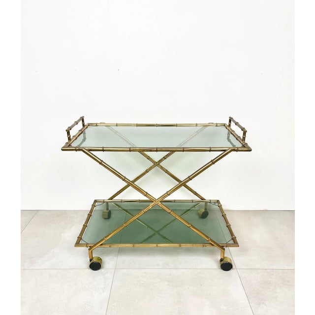 Faux Bamboo Brass & Smoked Glass Serving Cart from Rue Royale, France, 1960s For Sale - Image 11 of 18
