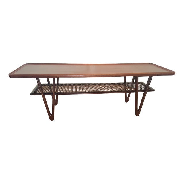 Vintage Teak & Cane Coffee Table with V-Shaped Legs attributed to Kurt Østervig, Denmark, 1950s For Sale