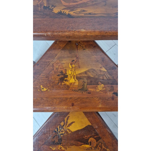 Nesting Tables in Inlaid Wood with Scenes of River Life, 1940s, Set of 4 For Sale - Image 4 of 17