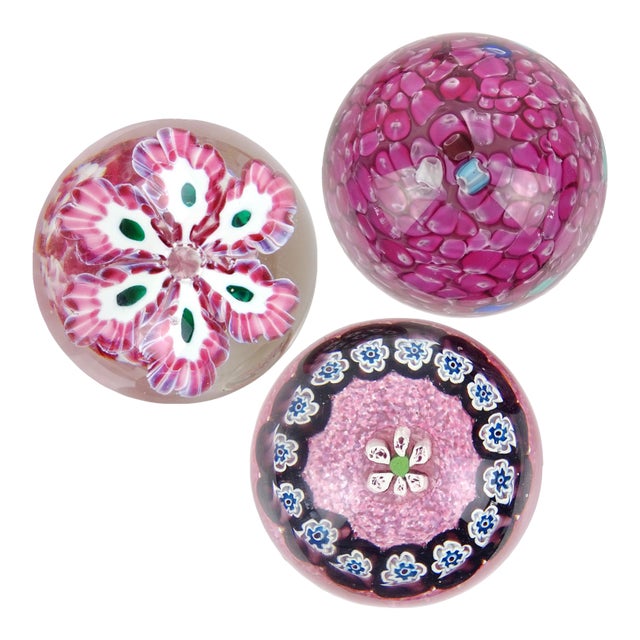 Murano Vintage Fratelli Toso and Barbini Murrine Flowers Italian Art Glass Paperweights - Set of 3 For Sale