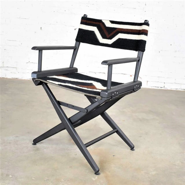 Vintage Modern Director’s Chair Folding Black Brown White Geometric Needlepoint For Sale - Image 4 of 13