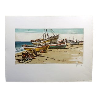 Roger Hebbelinck Hand Signed Vintage Aquatint Etching of Boats For Sale