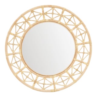 Round Diamond Pattern Mirror, Beige, Rattan For Sale