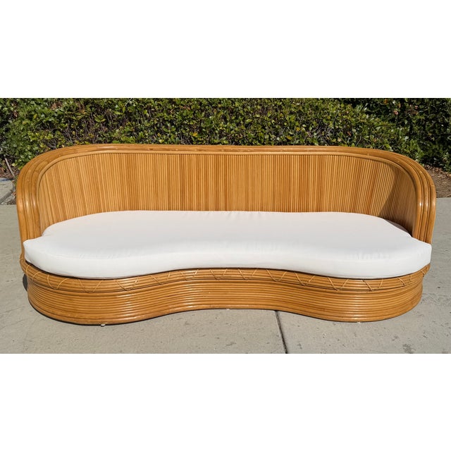 Tan 1980s Vintage Curved Pencil Reed Rattan Sofa, With New Sunbrella Upholstery For Sale - Image 8 of 14