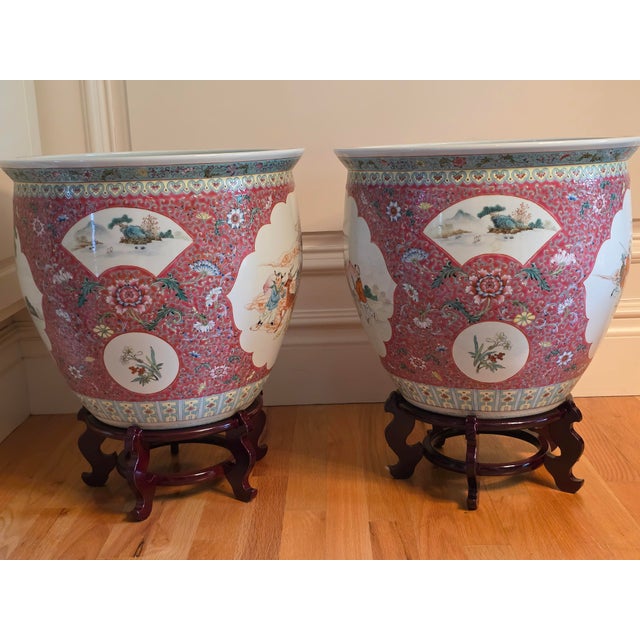 Mid-20th Century Chinese Ruby Ground Famille Rose Fish Bowls on Carved Stands - A Pair For Sale - Image 4 of 8