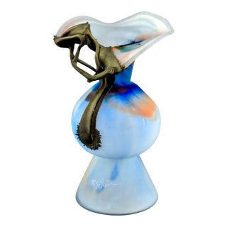 Filip Ravert Blue Art Glass Vase With Bronze Flower Overlay For Sale