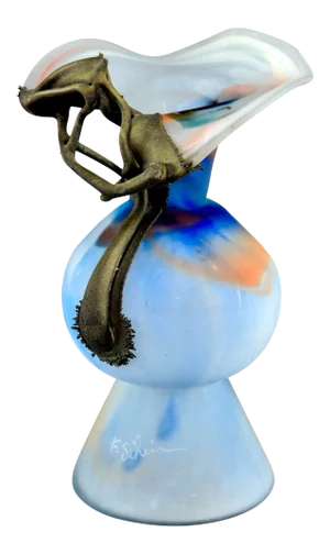 Filip Ravert Blue Art Glass Vase With Bronze Flower Overlay