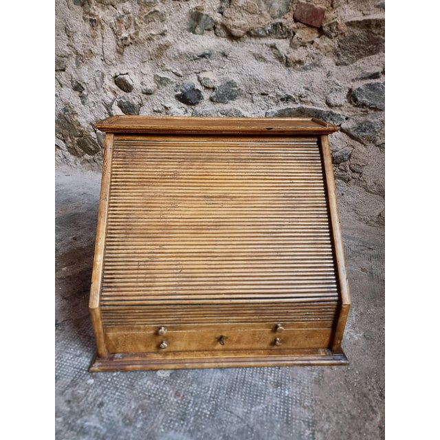 Brown Antique Optician's Table Display Cabinet in Walnut with Roll Top, France, Early 1900s For Sale - Image 8 of 18