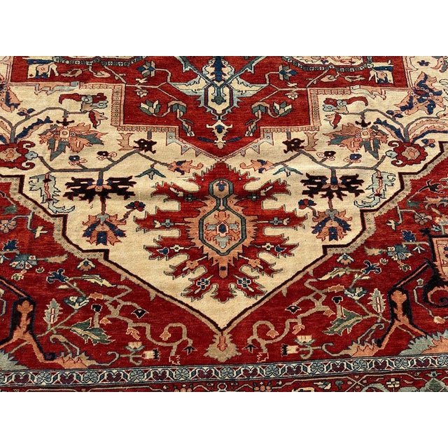 Contemporary A Stunning Vintage 12' X14' Ivory Groune Persian Serapi Rug For Sale - Image 3 of 11