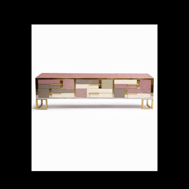 Pink Murano Opaline Glass Italian Sideboard with Brass Base This contemporary Italian sideboard is defined by a refined...