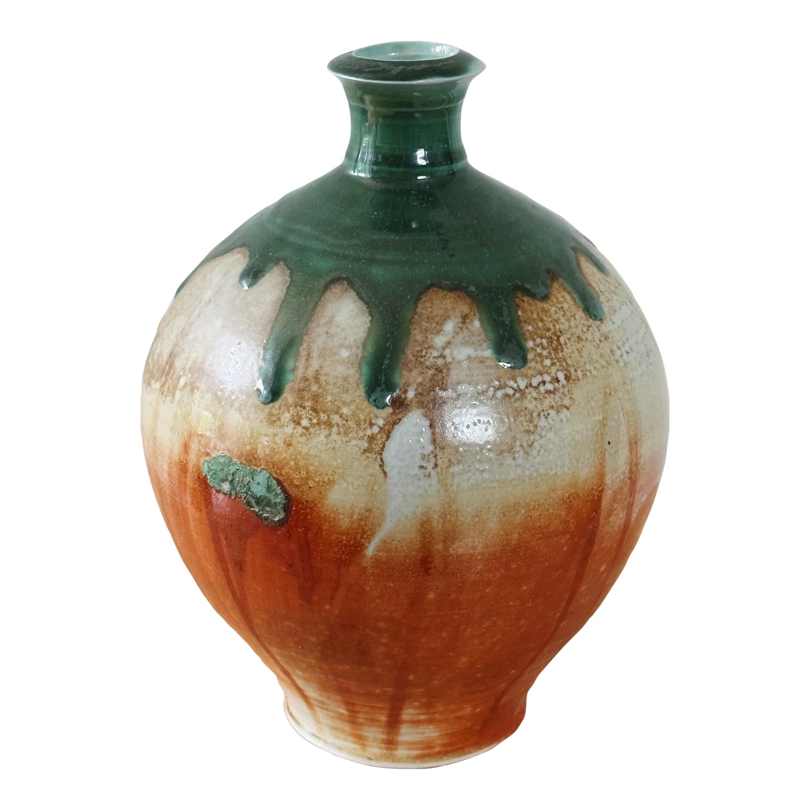 Vintage Hand Thrown Pottery Vase in Green and Orange Drip Glaze | Chairish