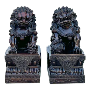 Pair Chinese Dark Brown Bronze Metal Foo Dog Lion Fengshui Figures
