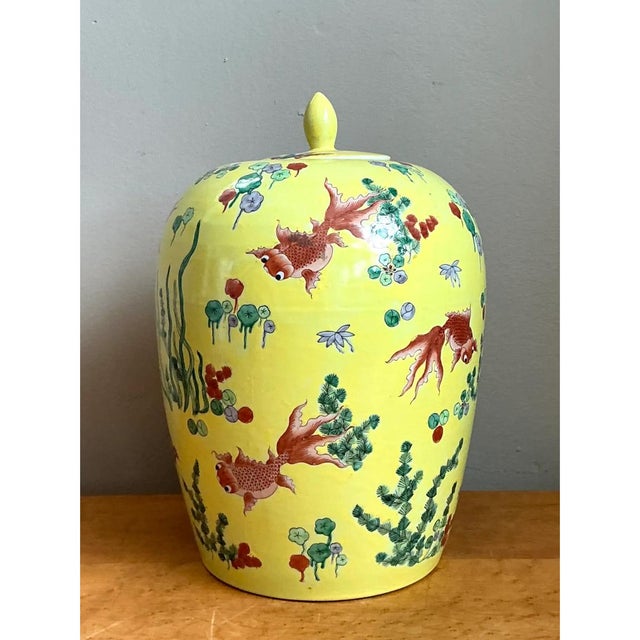 Vintage Yellow Ceramic Fish Motif Jar For Sale - Image 9 of 12